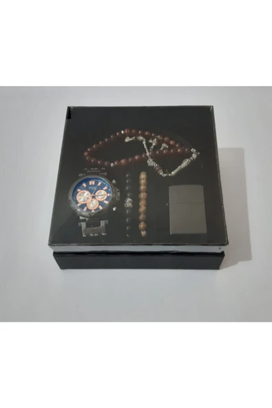 renkli çiçekler Erkek Saat Erkek Kol Saati Çakmak Tesbih Bileklik Set