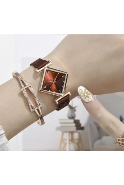 renkli çiçekler Kadın Saat Kare Lüks Kuvars Mıknatıs Toka Kadın Kol Saati