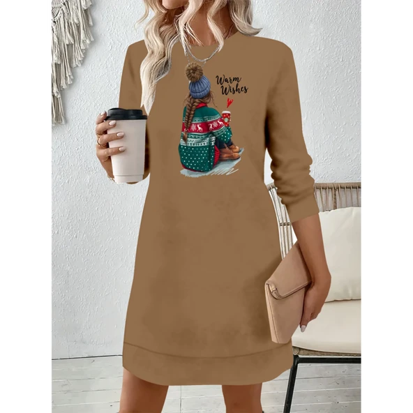 Lucky Life Kadın Uzun Kollu Bisiklet Yaka Desenli Viskon Iki Iplik Elbise