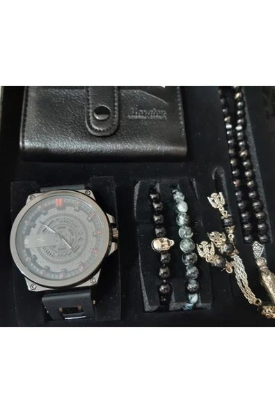 renkli çiçekler Erkek Saat Erkek Kol Saati Cüzdan Tesbih Bileklik Set - 3