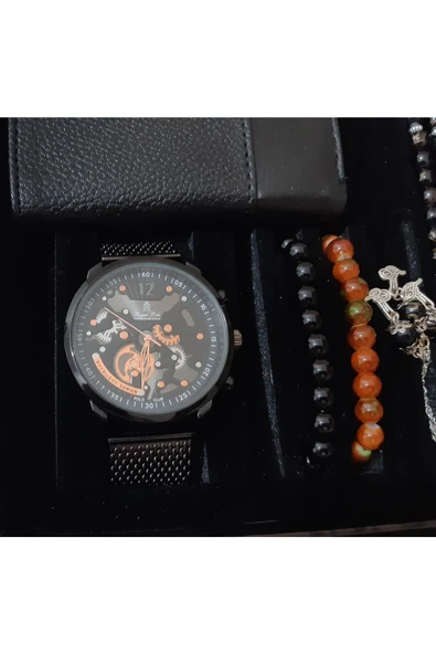 renkli çiçekler Erkek Saat Erkek Kol Saati Cüzdan Tesbih Bileklik Set - 3