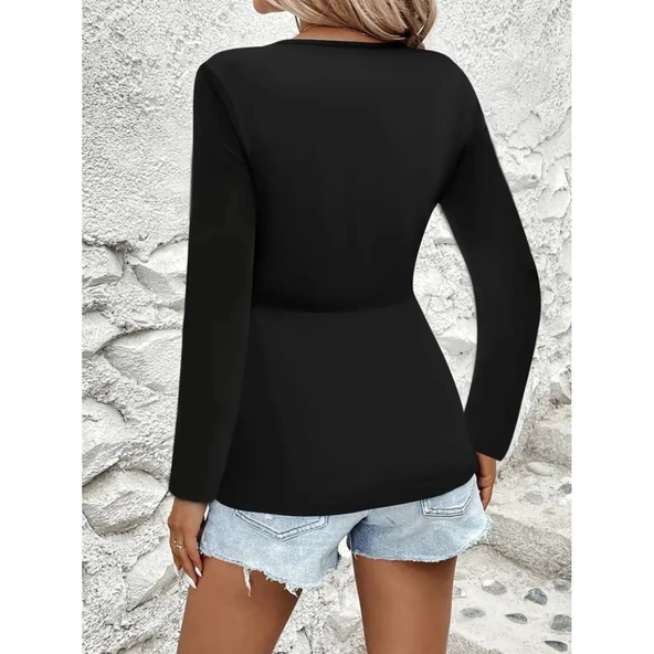 Lucky Life Kadın Uzun Kollu Dekolteli Sarmal Detaylı Viskon Bluz - 5