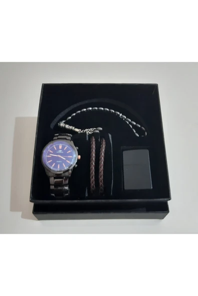 renkli çiçekler Erkek Saat Erkek Kol Saati Çakmak Tesbih Bileklik Set