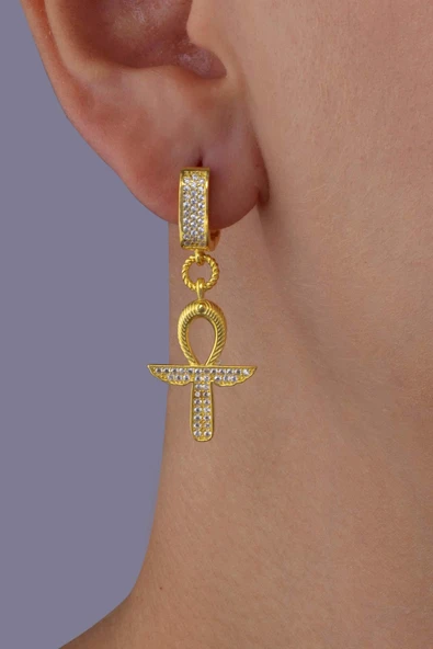 Gümüş Pazarım Altın Kaplama 925 Ayar Gümüş Ankh Sembol Küpe - 2