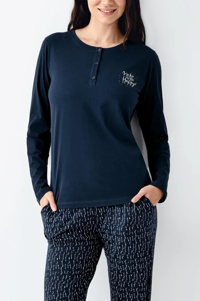 Arnetta Büyük Beden Make Me Happy Kadın Modal Pamuklu Rahat Uzun Kollu Pijama Takım - 3