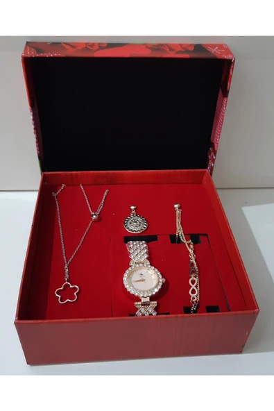 renkli çiçekler Kadın Saat Kadın Kol Saati Kolye Küpe Takı Set - 4