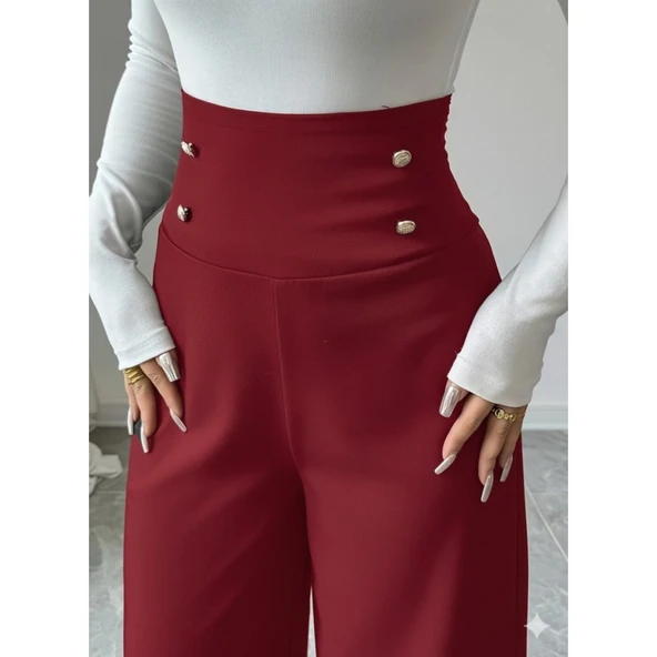 Lucky Life Kadın Yüksek Bel Düğmeli Geniş Paçalı Ithal Krep Pantolon ürün görseli 1
