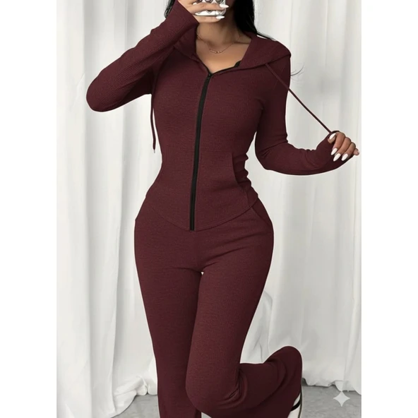 Lucky Life Kadın Uzun Kollu Kapşonlu Bağcıklı önü Fermuarlı Viskon Iki Iplik Bluz Ve Pantolon Ikili Takım ürün görseli