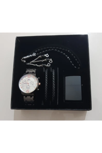 renkli çiçekler Erkek Saat Erkek Kol Saati Çakmak Tesbih Bileklik Set - 2