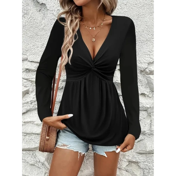 Lucky Life Kadın Uzun Kollu Dekolteli Sarmal Detaylı Viskon Bluz - 2