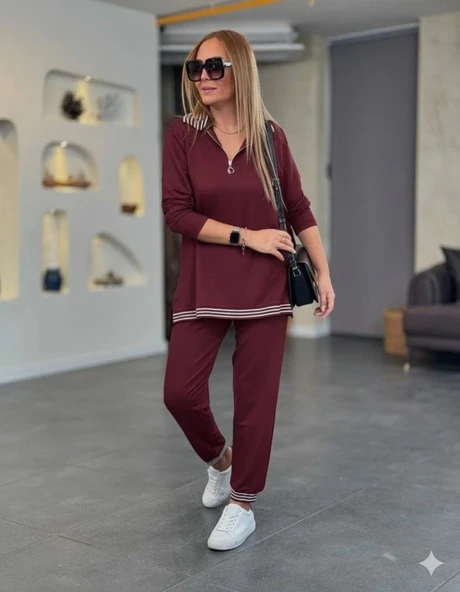 Kadın Uzun Kollu Fermuarlı şerit Detay Desenli Alt üst Ikili Viskon Iki Iplik Takım - Resim 2