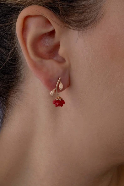 Gümüş Pazarım Kırmızı Gül Gümüş Küpe - 3