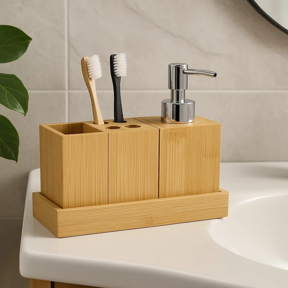 Doğal Bambu 3’lü Banyo Seti – Sıvı Sabunluk, Diş Fırçalık ve Organizer Stand BR-6710 ürün görseli