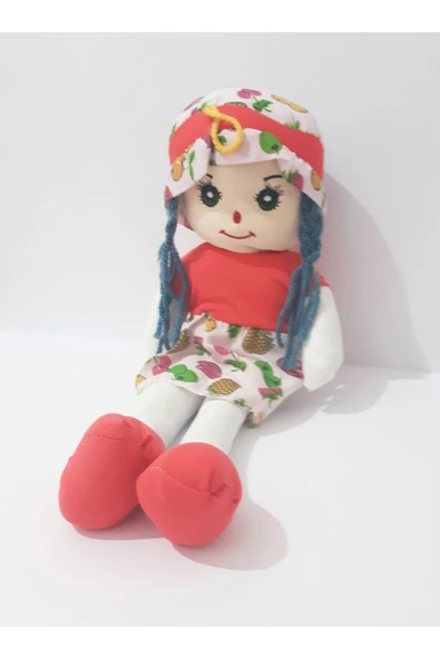 renkli çiçekler Bez Bebek 50 CM Kırmızı Elbiseli Saçlı Oyuncak Bez Bebek - 3