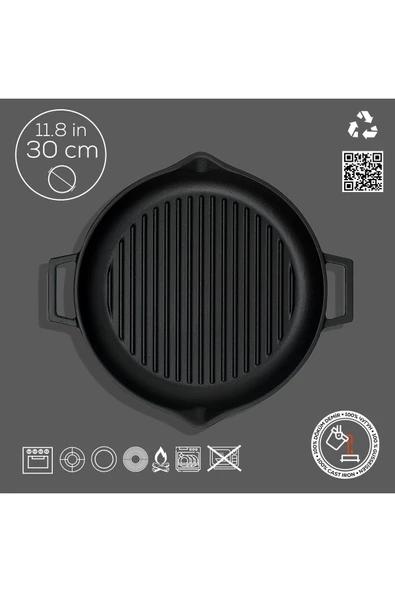 Lava Döküm Yuvarlak Izgara Tavası Döküm Demir Yekpare Çift Kulplu Çap30cm. - Resim 4