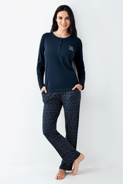 Arnetta Büyük Beden Make Me Happy Kadın Modal Pamuklu Rahat Uzun Kollu Pijama Takım - 2