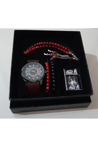 renkli çiçekler Erkek Saat Erkek Kol Saati Çakmak Tesbih Bileklik Set - 3