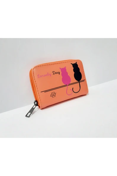 renkli çiçekler Kadın Cüzdan  12.5x8.5 CM Turuncu Renk Kedi Desenli Kadın Cüzdanı ürün görseli