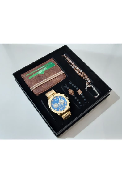 renkli çiçekler Erkek Saat Cüzdan Tesbih Kartlık Bileklik Set Erkek Kol Saati - 3