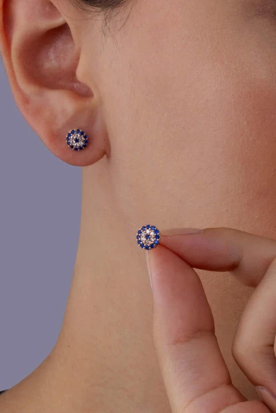 Gümüş Pazarım Yuvarlak Nazar Boncuğu Motifli Minimal Gümüş Küpe ürün görseli 1