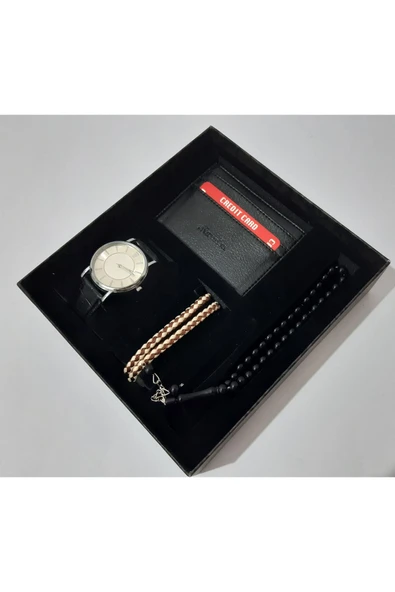 renkli çiçekler Erkek Saat Erkek Kol Saati Tesbih Bileklik Kartlık Set - 2