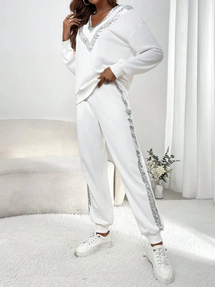 Kadın Uzun Kollu V Yakalı Pulpayetli Viskon Iki Iplik Bluz Ve Pantolon - Resim 6