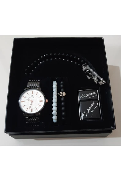 renkli çiçekler Erkek Saat Erkek Kol Saati Çakmak Tesbih Bileklik Set