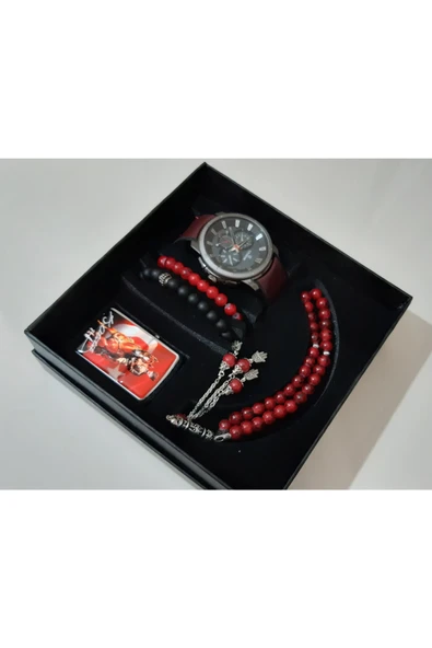 renkli çiçekler Erkek Saat Erkek Kol Saati Çakmak Tesbih Bileklik Set - 4