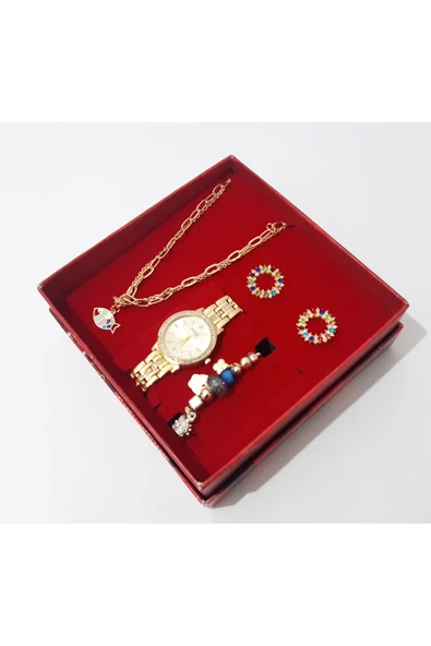 renkli çiçekler Kadın Saat Kolye Küpe Bileklik Set Kadın Kol Saati - 4