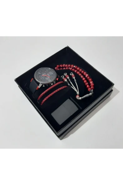 renkli çiçekler Erkek Saat Erkek Kol Saati Çakmak Tesbih Bileklik Set - 2