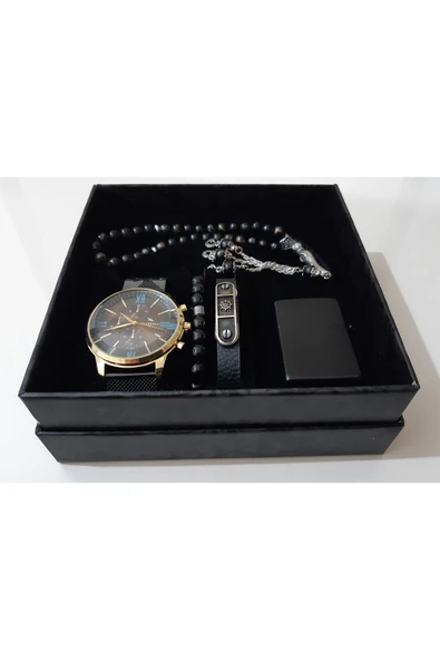 renkli çiçekler Erkek Saat Erkek Kol Saati Çakmak Tesbih Bileklik Set - 4