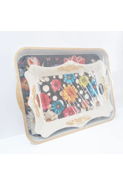 renkli çiçekler Çay Tepsi 42x32x4 CM ve 37x26.5 CM 2 Li Desenli Plastik Dikdörtgen Çay Kahve Tepsisi Servis Tepsi - Resim 3