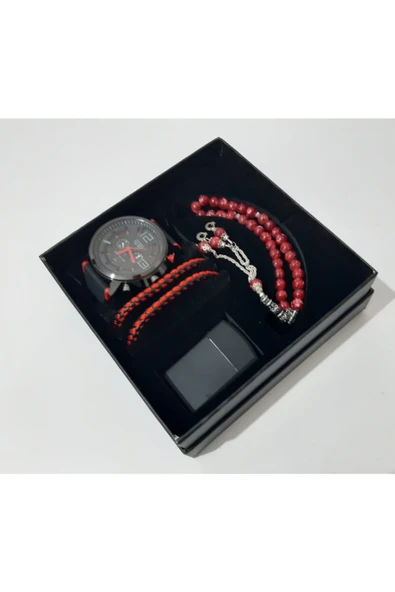 renkli çiçekler Erkek Saat Erkek Kol Saati Çakmak Tesbih Bileklik Set - 2