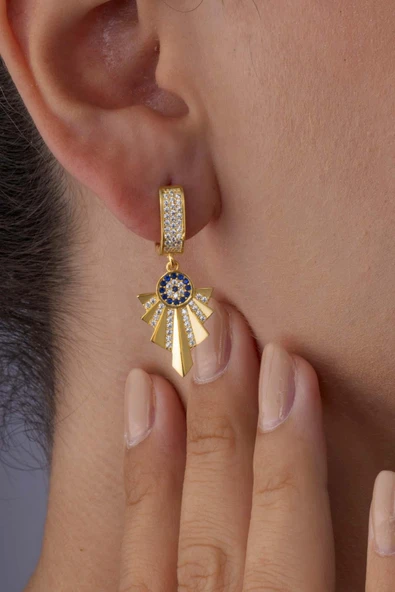 Gümüş Pazarım Özel Tasarım Altın Kaplama Nazar Boncuklu Gümüş Küpe ürün görseli 1