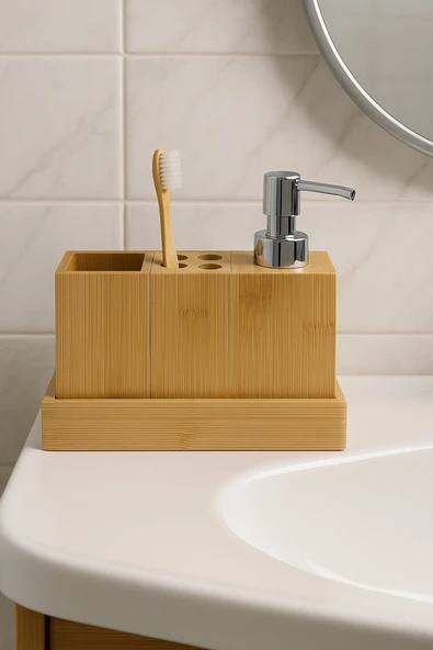 Doğal Bambu 3’lü Banyo Seti – Sıvı Sabunluk, Diş Fırçalık ve Organizer Stand BR-6710 - Resim 3