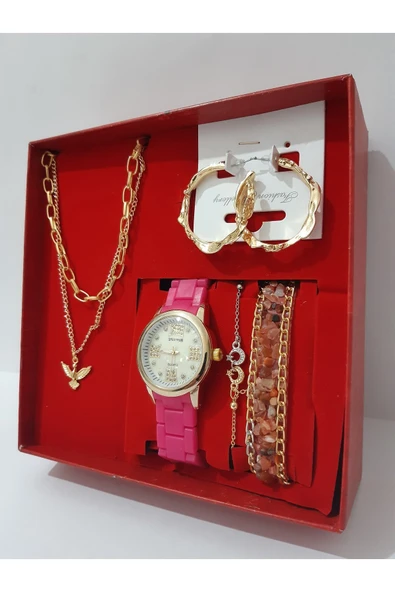 renkli çiçekler Kadın Saat Kadın Kol Saati Kolye Küpe Takı Set