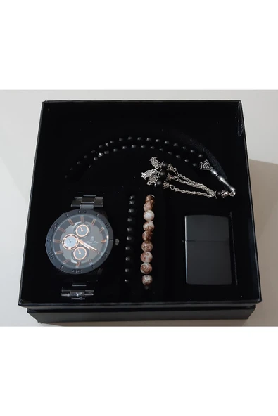 renkli çiçekler Erkek Saat Erkek Kol Saati Çakmak Tesbih Bileklik Set