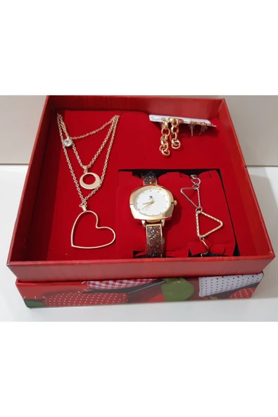 renkli çiçekler Kadın Saat Kadın Kol Saati Kolye Küpe Takı Set