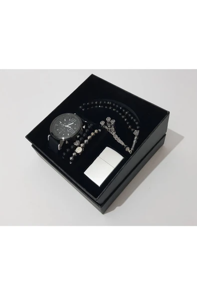 renkli çiçekler Erkek Saat Erkek Kol Saati Çakmak Tesbih Bileklik Set