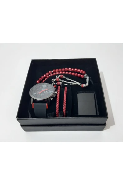 renkli çiçekler Erkek Saat Erkek Kol Saati Çakmak Tesbih Bileklik Set