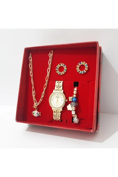 renkli çiçekler Kadın Saat Kolye Küpe Bileklik Set Kadın Kol Saati - 6