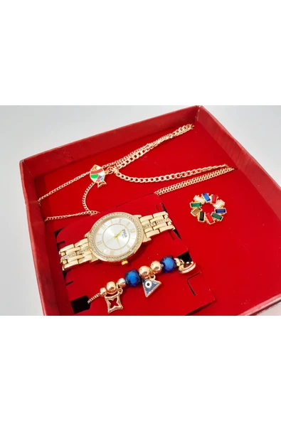 renkli çiçekler Kadın Saat Kolye Küpe Bileklik Set Kadın Kol Saati - 6