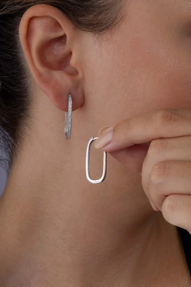 Gümüş Pazarım Oval Dikdörtgen Tek Sıra Tamtur Gümüş Küpe