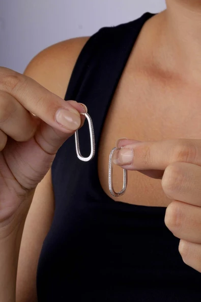 Gümüş Pazarım Oval Dikdörtgen Tek Sıra Tamtur Gümüş Küpe - 3