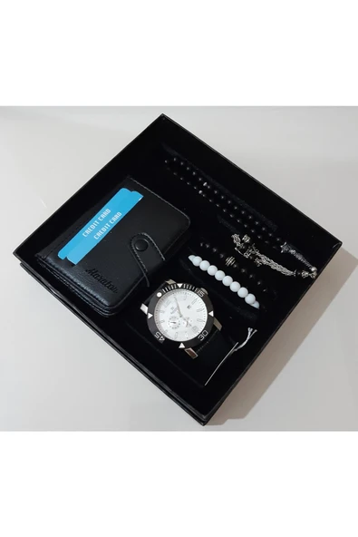 renkli çiçekler Erkek Saat Erkek Kol Saati Cüzdan Tesbih Bileklik Set - 2