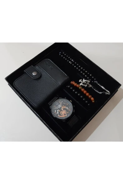 renkli çiçekler Erkek Saat Erkek Kol Saati Cüzdan Tesbih Bileklik Set - 2