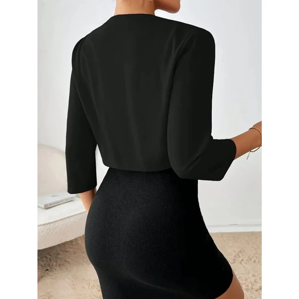 Lucky Life Kadın Truvakar Kol önü Açık Kısa Ithal Krep Ceket - 4