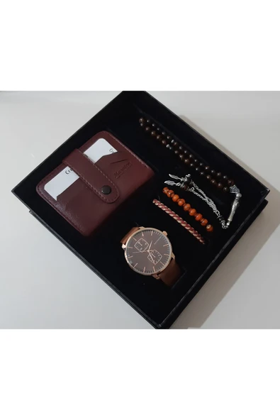 renkli çiçekler Erkek Saat Erkek Kol Saati Cüzdan Tesbih Bileklik Set - 2