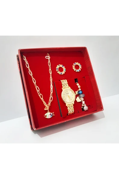 renkli çiçekler Kadın Saat Kolye Küpe Bileklik Set Kadın Kol Saati - 3