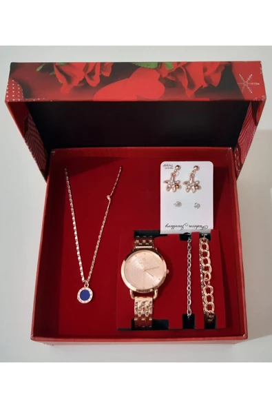 renkli çiçekler Kadın Saat Kadın Kol Saati Kolye Küpe Takı Set